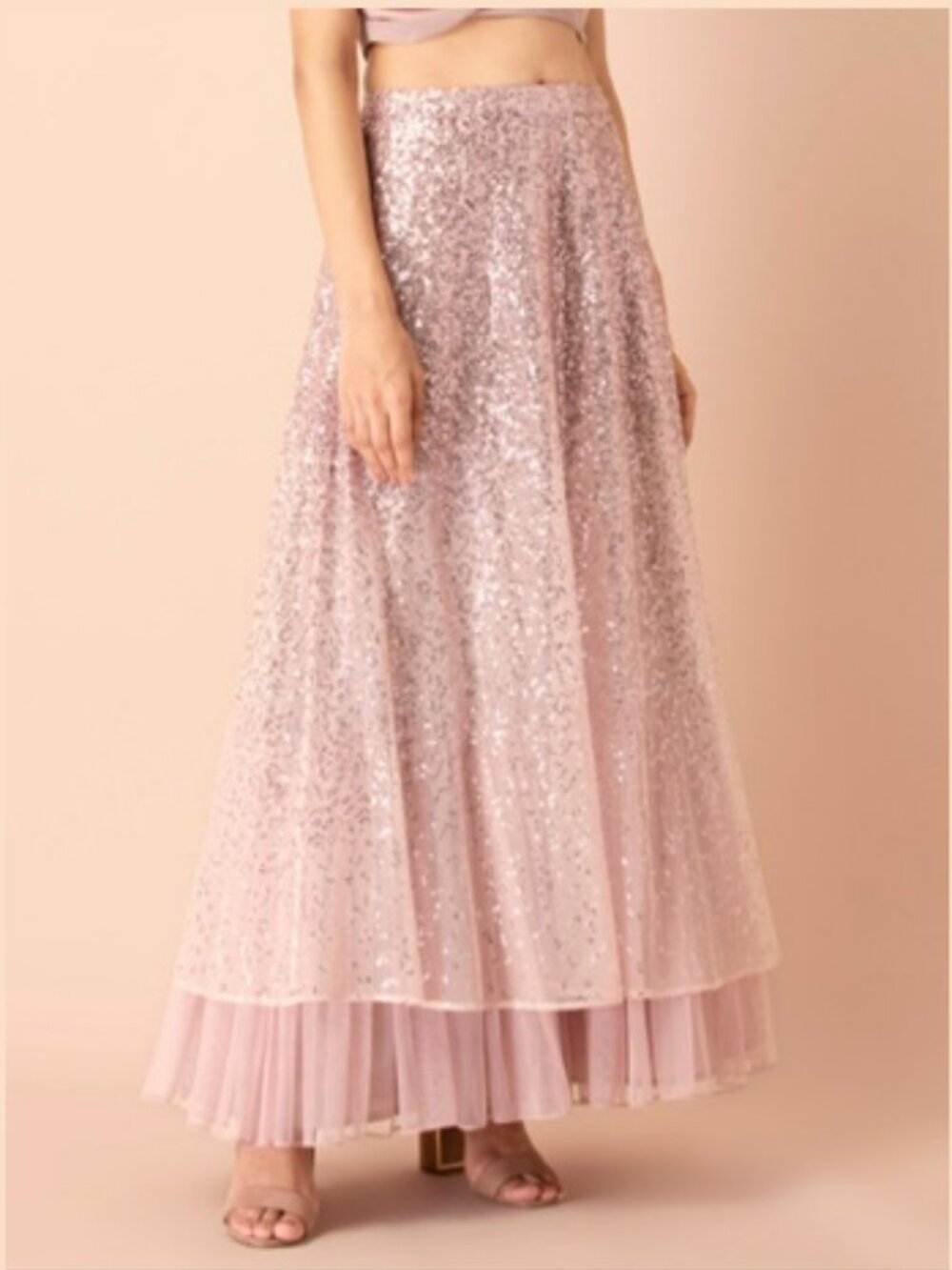 Blush Rose Gold Sequined Flared Tulle Maxi Skirt Sz M